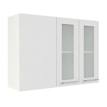 Шкаф верхний угловой со стеклом ШВУПС 1000 Корпус: ЛДСП белый 16мм; фасад: фрезеровка Олива, МДФ металлик белый 16мм