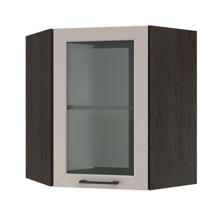 Шкаф верхний угловой со стеклом ШВУС 600 Корпус: ЛДСП венге 16мм; фасад: фрезеровка Кельн, МДФ софт тоффи 16мм