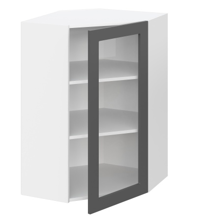 Шкаф верхний угловой со стеклом (премьер)  ШВУС 600Н Барселона белый массив (МДФ 16мм МС София)