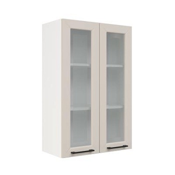 Шкаф верхний со стеклом (премьер) ШВС 600Н Корпус: ЛДСП белый 16мм; фасад: фрезеровка Кельн, МДФ софт бланж 16мм