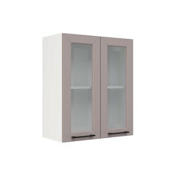 Шкаф верхний со стеклом ШВС 600 Корпус: ЛДСП белый 16мм; фасад: фрезеровка Кельн, МДФ софт тоффи 16мм