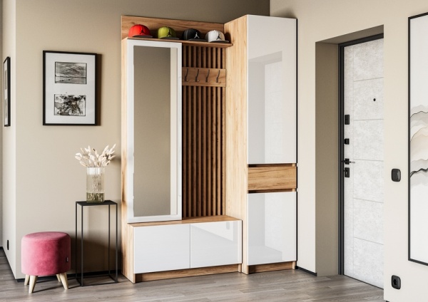 Модульная прихожая Стоуби Дуб Крафт золотой / Глянец белый