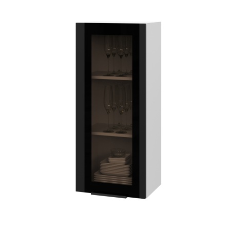 Шкаф верхний со стеклом (премьер) ШВС 400Н Корпус: ЛДСП белый 16мм; фасад: фрезеровка Оливия, МДФ Оливия_софт черный 16 мм