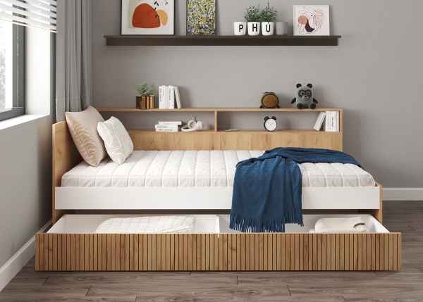 ИВИС Кровать КР-001 (сп.м. 0,9 х 2,0м) Корпус - Дуб Крафт золотой К003  Фасад ЛДСП - Белый (Гладкий)